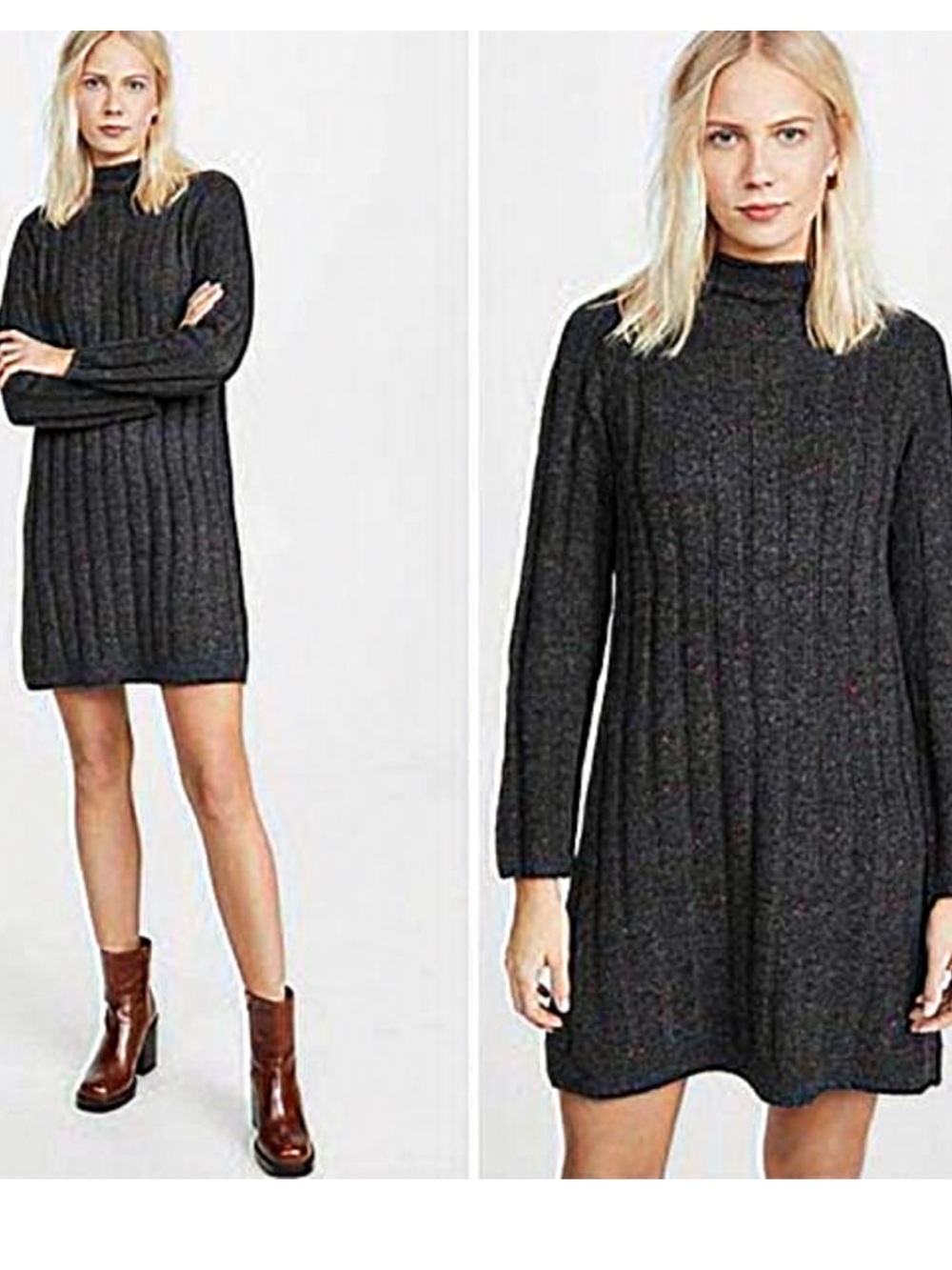 Madewell‎ Charcoal Grey Dognal Rolled Neck Wool Blend Sweater Dress